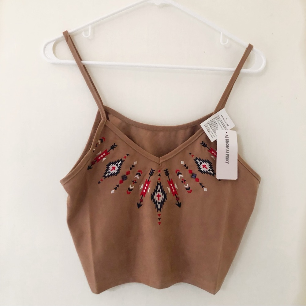 Cute Tan Cropped Tank Top w/ Tribal Pattern